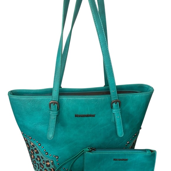 Montana West Handbags - Montana West Turquoise Tote with Leopard Accent with concealed carry pocket